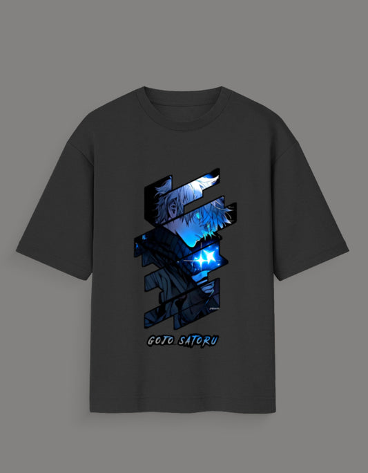 Black Gojo oversized anime t-shirt featuring Gojo Satoru graphic with blue highlights