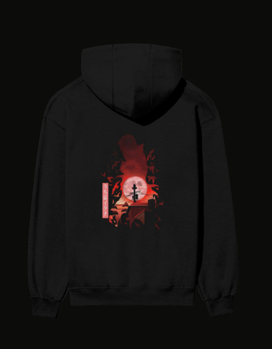 Itachi hoodie featuring a dramatic sunset design with striking silhouettes and vibrant colors