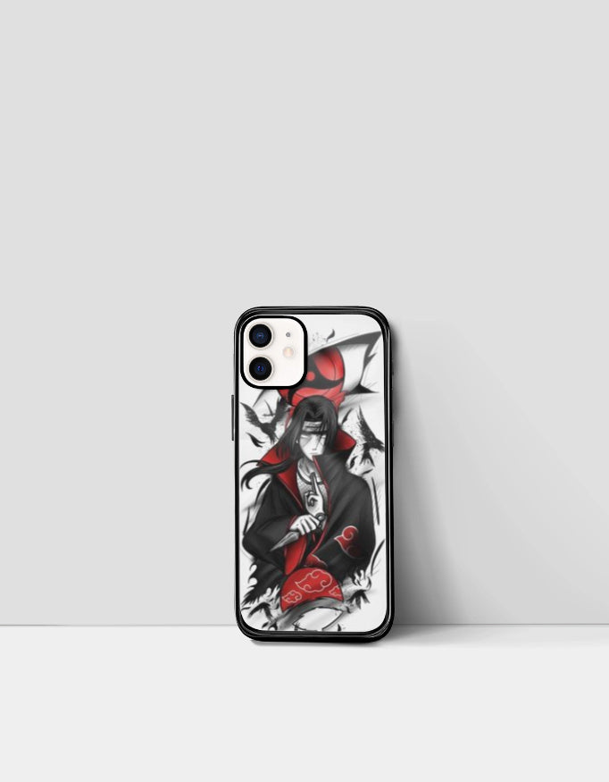 Itachi iPhone case with detailed anime design featuring Itachi in black and red colors
