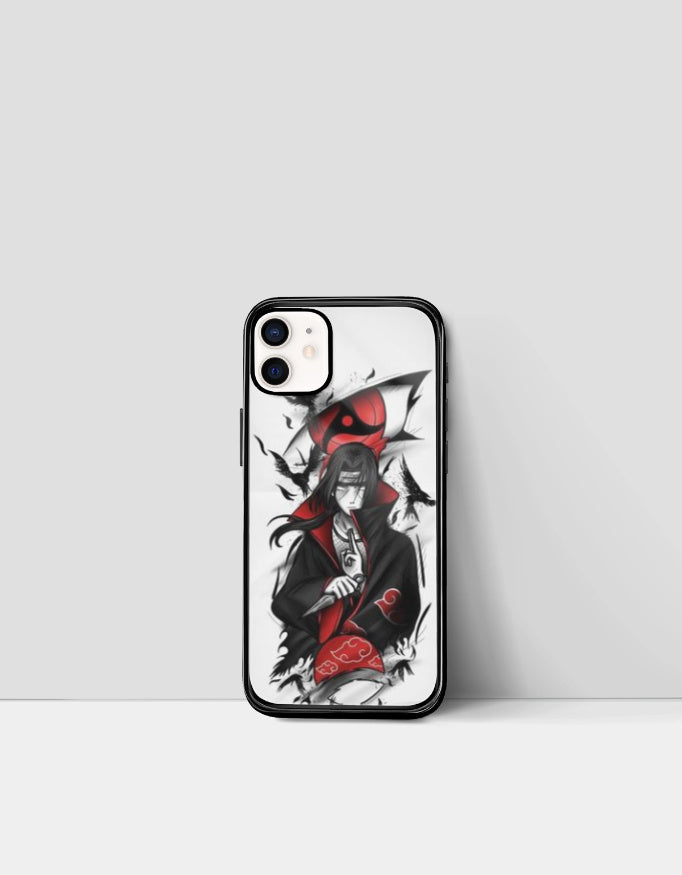 Itachi iPhone case featuring detailed anime art with red and black design elements