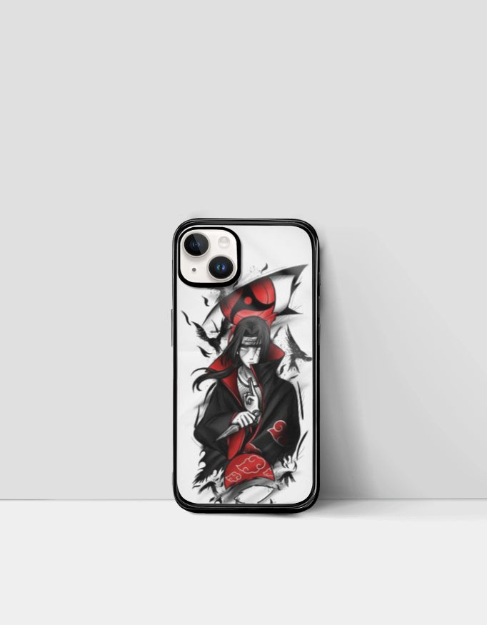 Itachi iPhone case featuring anime character in black cloak with red details and sharingan design