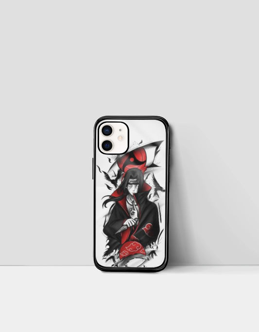 Itachi iPhone case featuring anime character Itachi Uchiha with red and black design