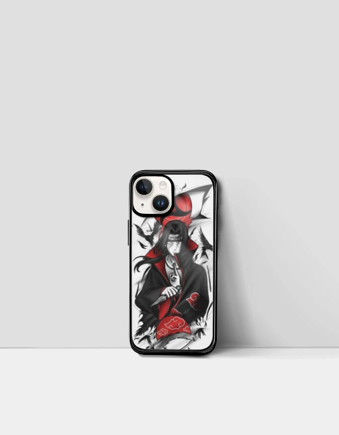 Itachi iPhone case featuring anime character with red and black design from AnimeVerseStore