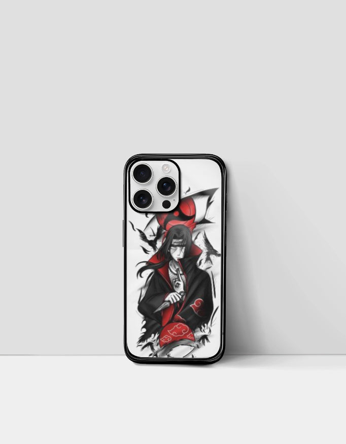 Itachi iPhone case featuring anime character Itachi Uchiha with black and red design from AnimeVerseStore