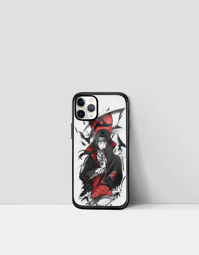 Itachi iPhone case featuring detailed anime design with red and black Akatsuki cloak and Sharingan eyes