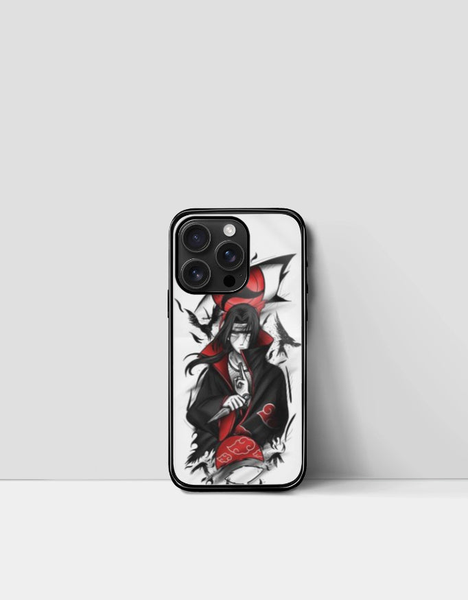 Itachi iPhone case featuring anime character Itachi Uchiha with black and red design
