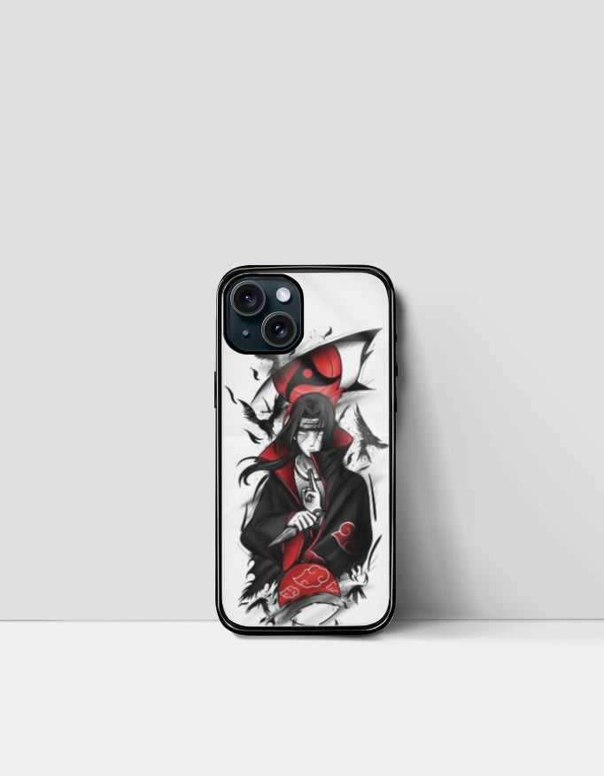 Itachi iPhone case featuring detailed anime art of Itachi Uchiha with red and black design