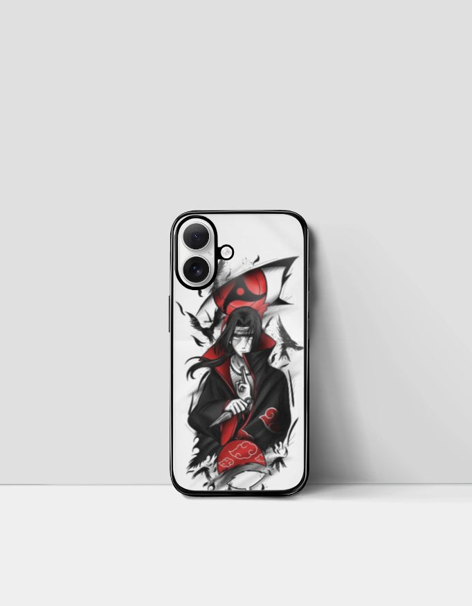 Itachi iPhone case featuring detailed anime character design with black and red accents