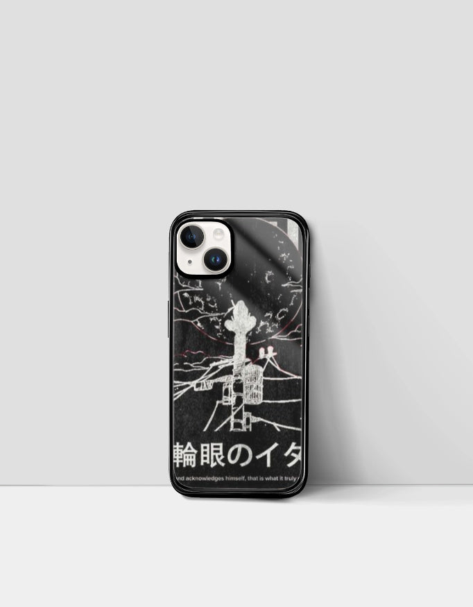 Black Itachi iPhone glass case featuring anime artwork and Japanese text design