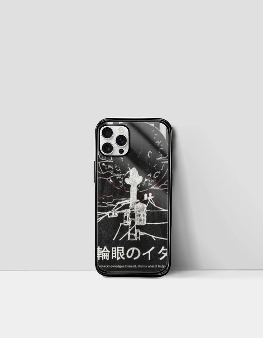 Itachi iPhone glass case featuring black and white anime design with Japanese text