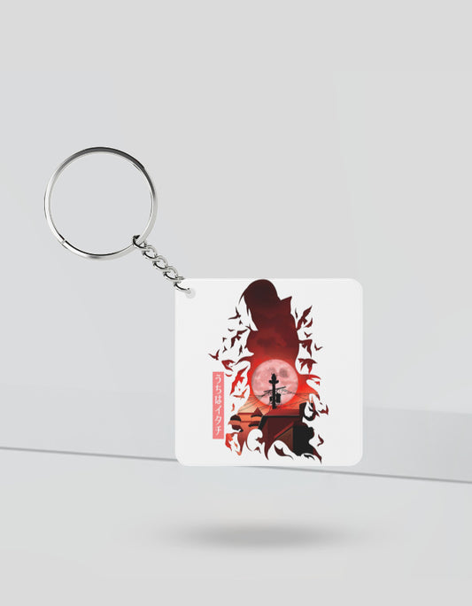 Itachi Uchiha keychain featuring silhouette design with red moon and crow motif