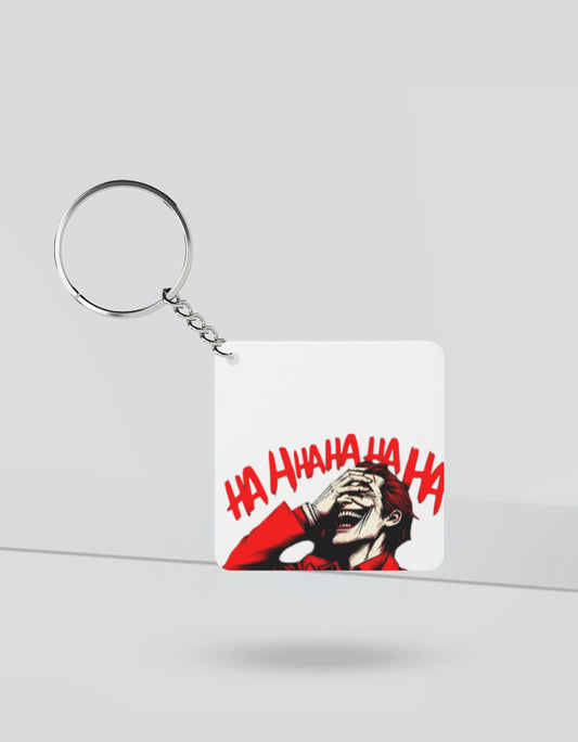 Joker anime keychain with laughing character in red suit and Ha Ha Ha text from AnimeVerseStore