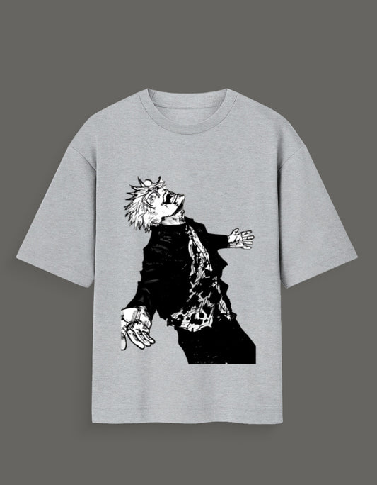 Gray short sleeve shirt featuring black and white Jujutsu Kaisen Gojo art tee design from AnimeVerseStore