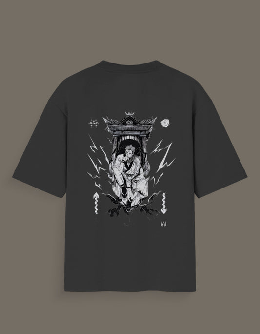 Black king of curses anime t-shirt featuring a detailed character design with lightning and throne graphics