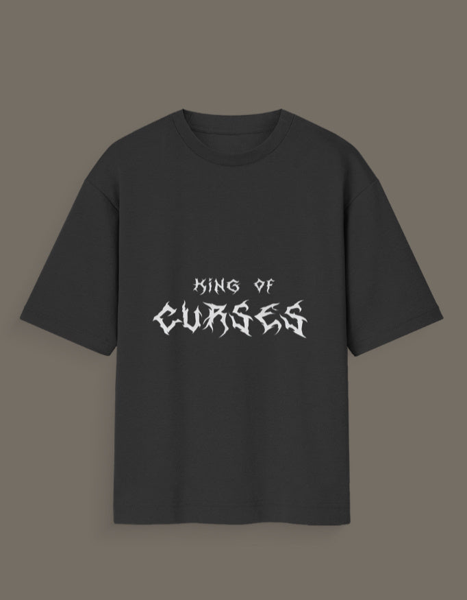 Black king of curses anime t-shirt with white stylized text design on front