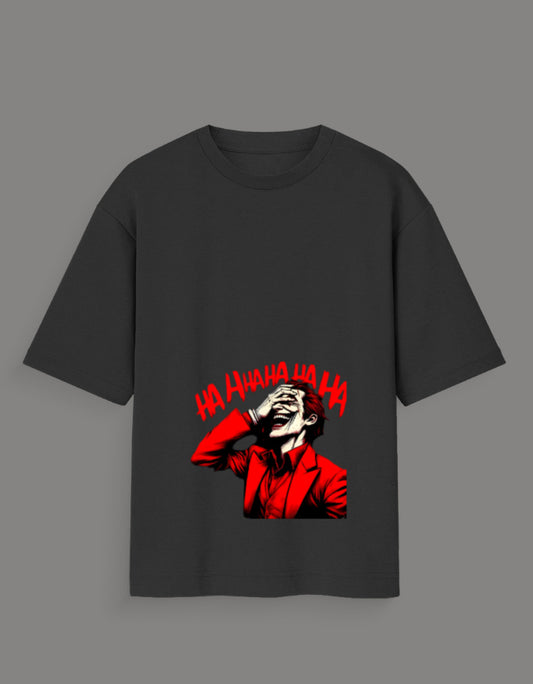 Black t-shirt featuring a red-clad laughing Joker graphic with text HA HAHAHAHA limited edition joker t-shirt India