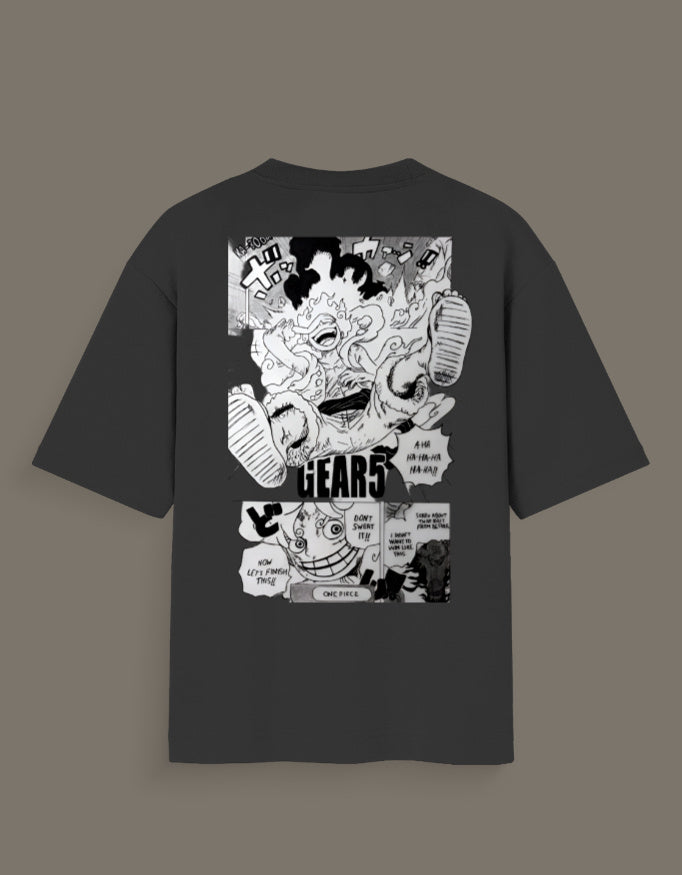 Black t-shirt featuring Luffy Gear 5 hand sketch t-shirt manga style graphic from One Piece