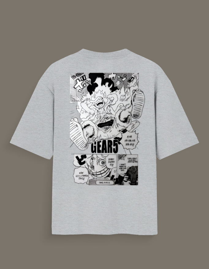 Grey t-shirt featuring Luffy Gear 5 hand sketch t-shirt design with manga comic print on the back