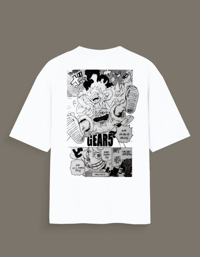 White t-shirt featuring Luffy Gear 5 hand sketch t-shirt design inspired by manga panels