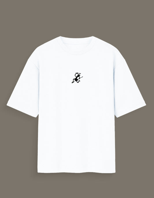 White Luffy Gear 5 hand sketch t-shirt with small black character design on front by AnimeVerseStore