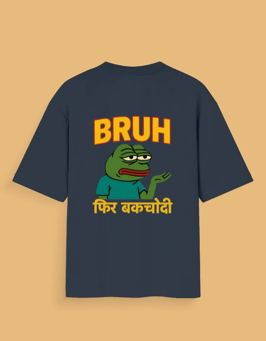 Navy blue meme t-shirt India featuring a cartoon frog with the text BRUH and Hindi script