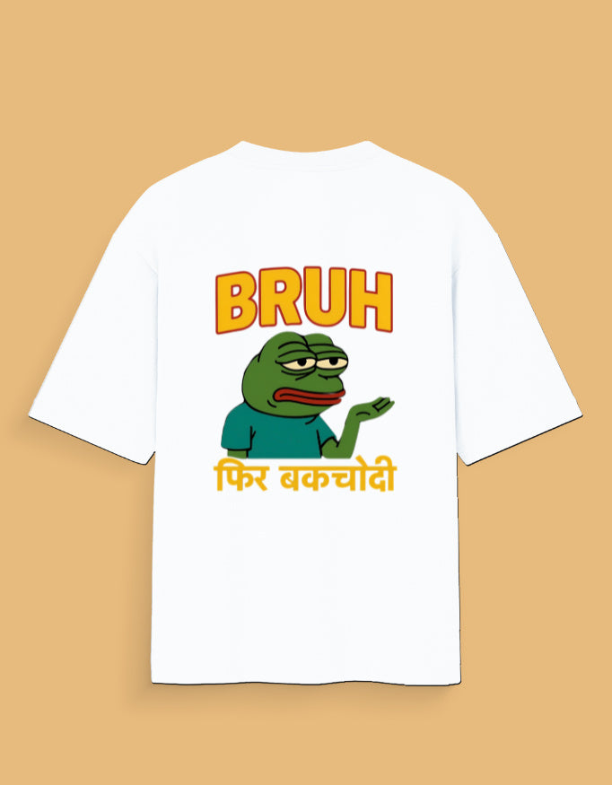 White meme t-shirt India with Bruh text and cartoon frog graphic from AnimeVerseStore