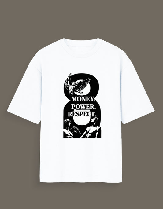 White t-shirt with black and white money power respect graphic tee design featuring winged figure and statues
