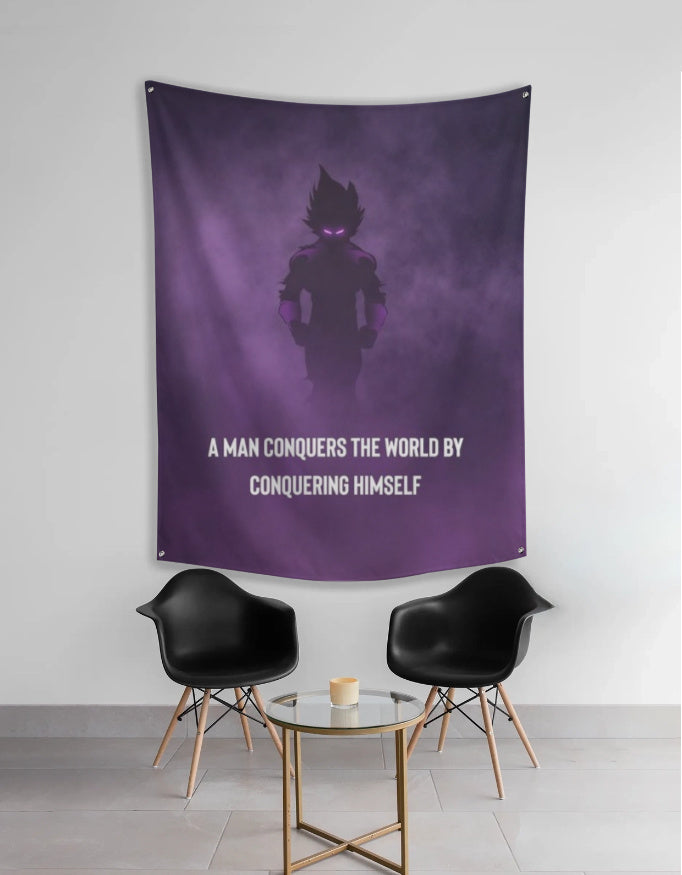Purple saiyan anime wall tapestry with dark warrior silhouette with glowing purple eyes and empowering quote above two chairs