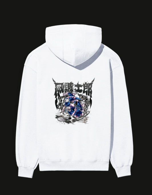 White NAGI anime hoodie featuring a colorful graphic design of a character in action