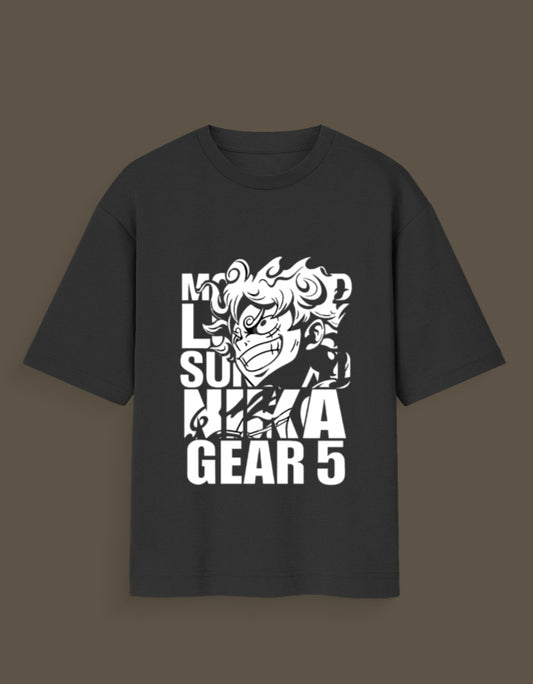 Black Nika Glow t-shirt featuring stylized anime character with gear 5 text design