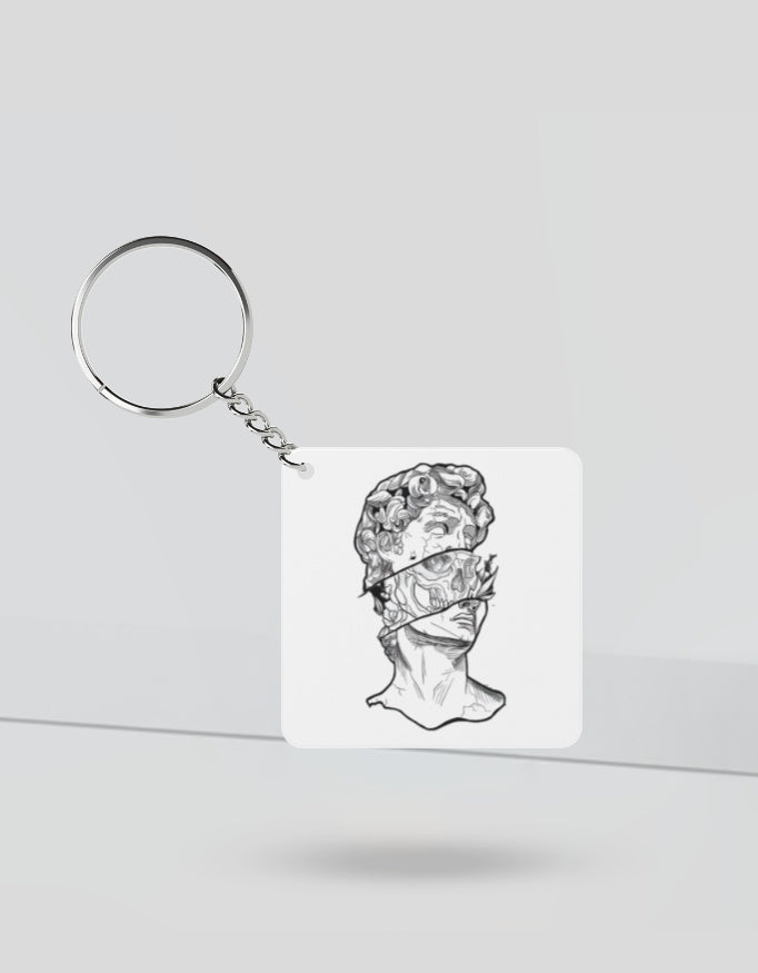 No mercy aesthetic keychain featuring black and white artistic statue bust design with blindfold