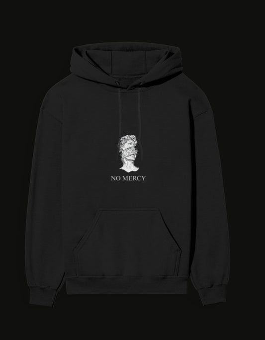 Black NO MERCY anime hoodie featuring a unique graphic design on the front