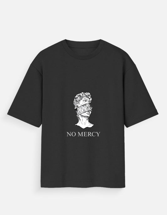 Black no mercy glow in the dark anime tee featuring a stylized face graphic with bandages