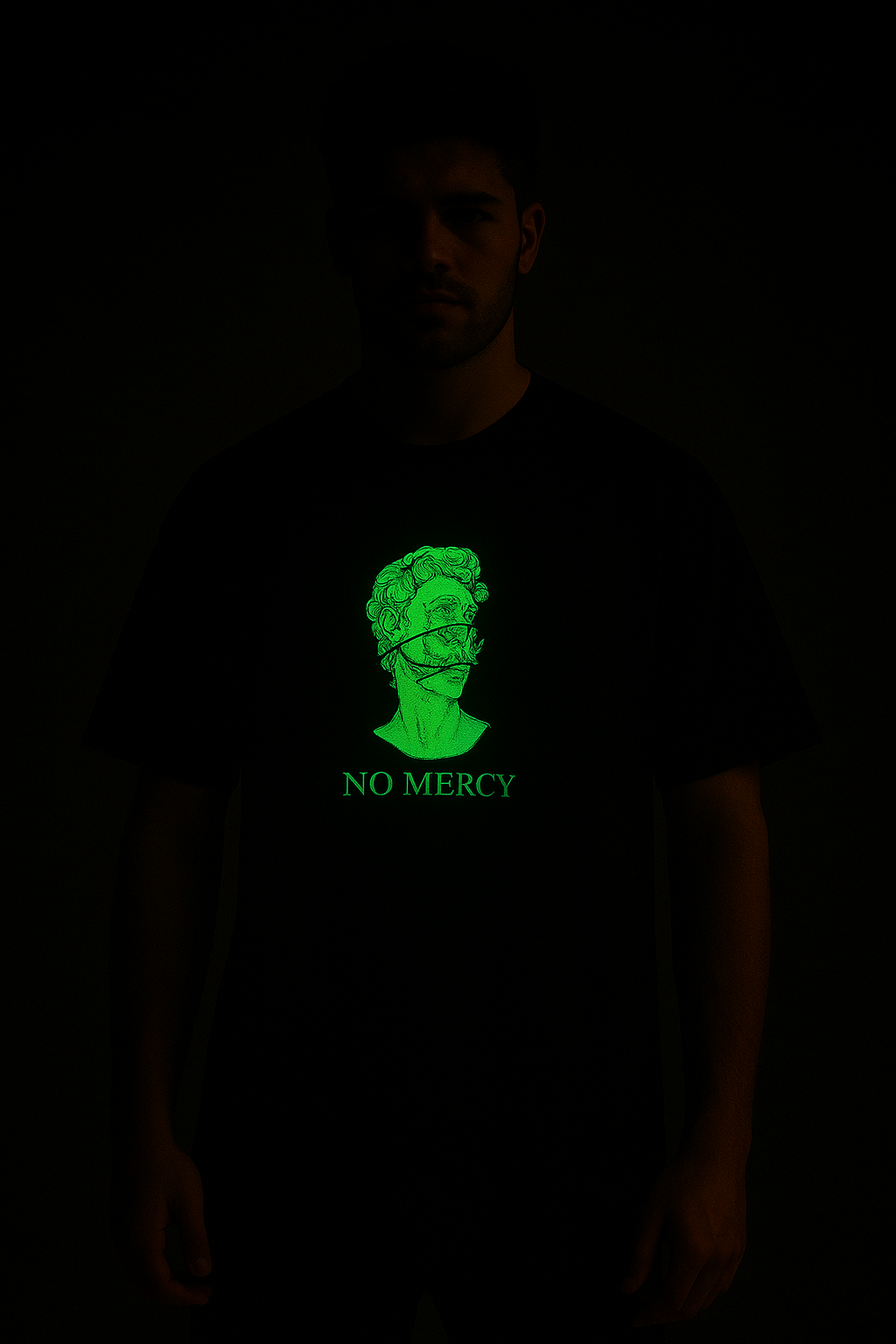 No mercy glow in the dark anime tee with bright green design worn in dark