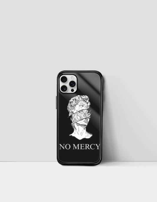 Black phone case featuring a white bust statue design with barbed wire and text no mercy phone case