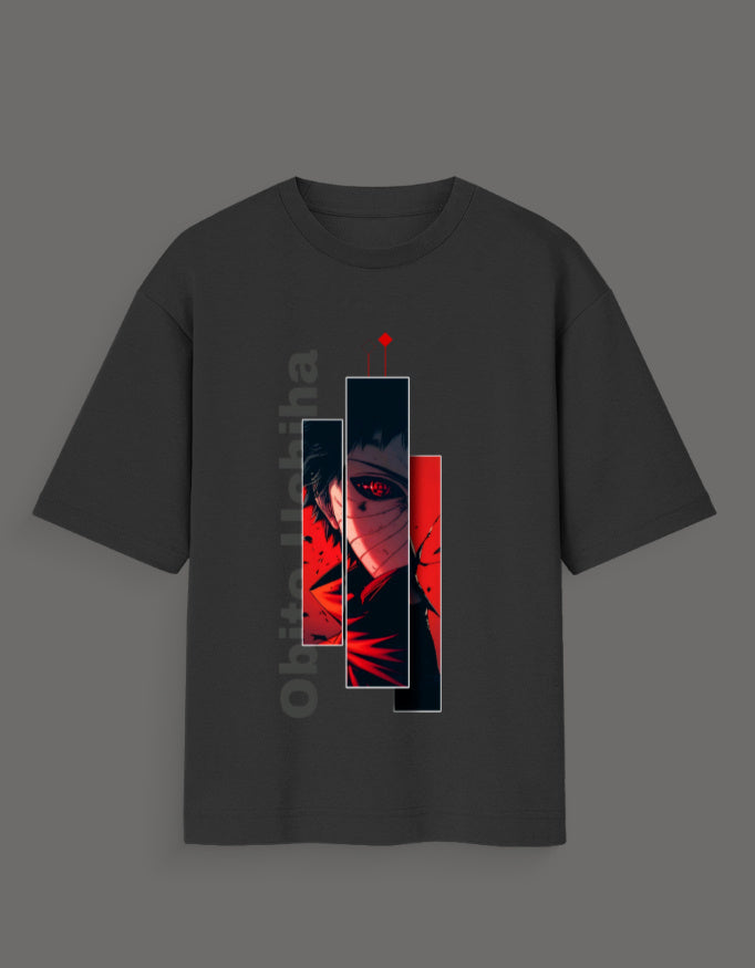 Black t-shirt featuring a graphic design of Obito Uchiha in red and black shades with Obito Uchiha merch text