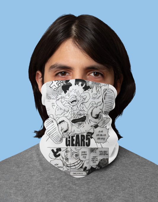 Gear 5 bandana One Piece featuring vibrant graphics of characters and iconic designs for fans