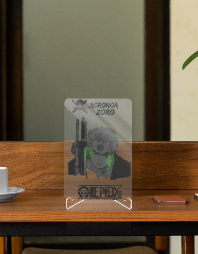 Roronoa Zoro relic display featuring a detailed anime design on a clear stand