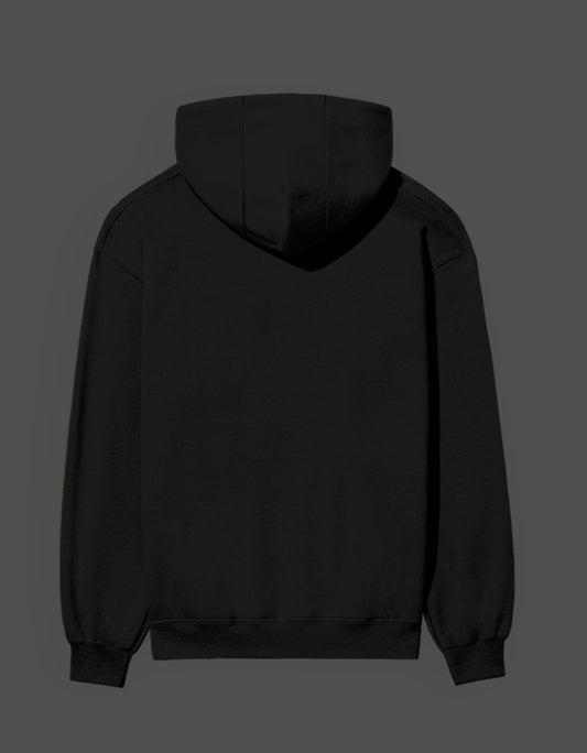 Back view of a black One Piece Shanks unisex sweatshirt with a comfortable hood and durable fabric