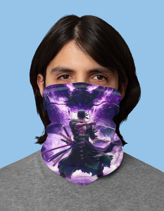 One Piece Zoro cosplay bandana featuring vibrant artwork of Zoro in action with a purple background