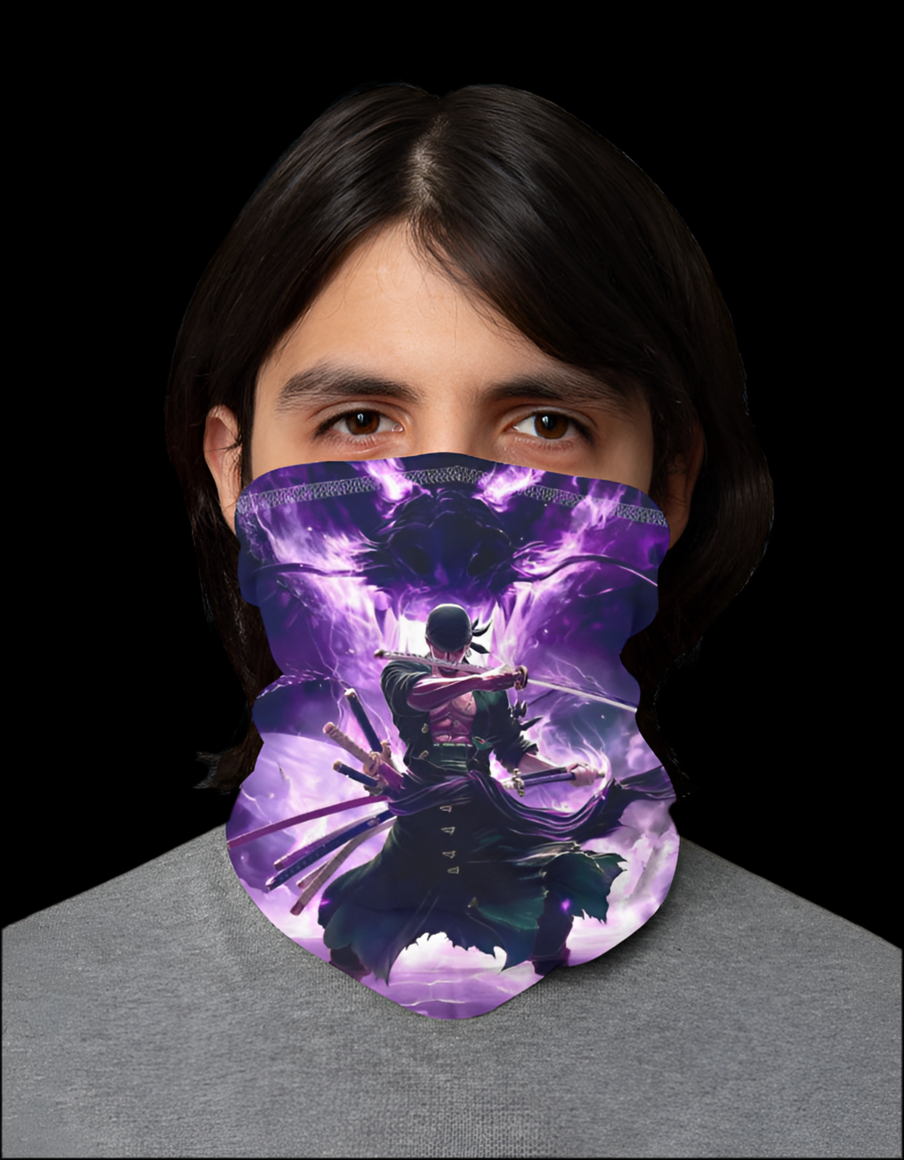 One Piece Zoro cosplay bandana featuring a vibrant design of Zoro in action with a purple background