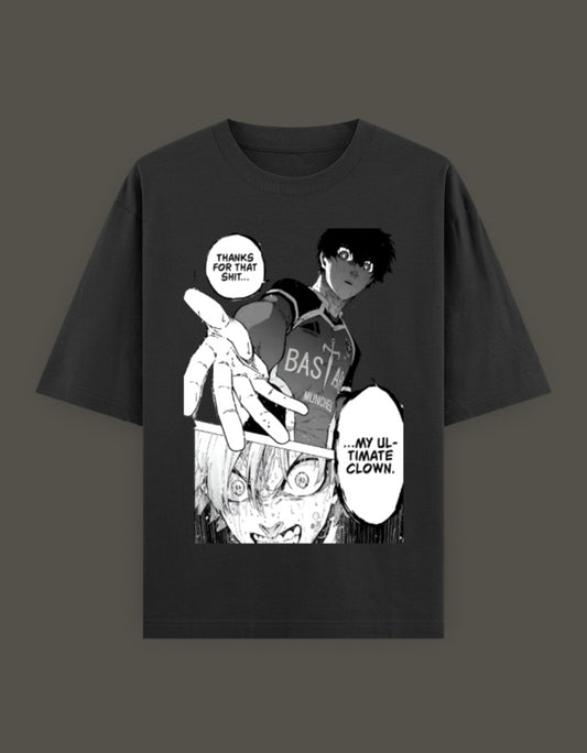 isagi anime t-shirt black manga panel print showing character reaching out with shocked face and speech bubbles