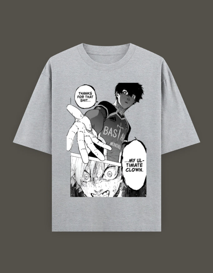 Light gray crew neck oversized shirt front view plain cotton blend isagi anime t-shirt design