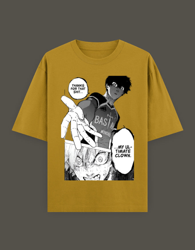 isagi anime t-shirt mustard yellow featuring black and white manga panel of character reaching out and shocked face