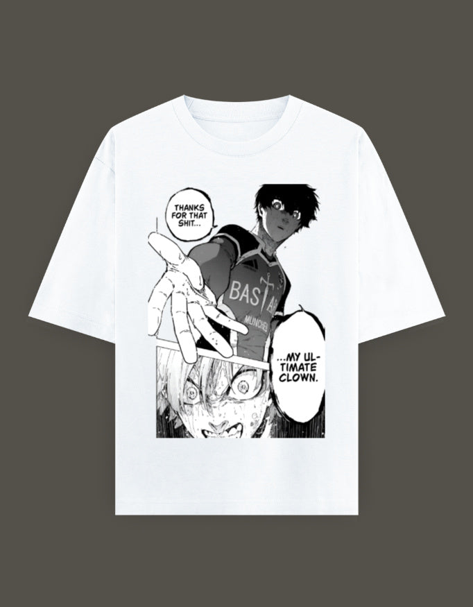 White isagi anime t-shirt with black and white manga panels showing Isagi reaching out and shocked face