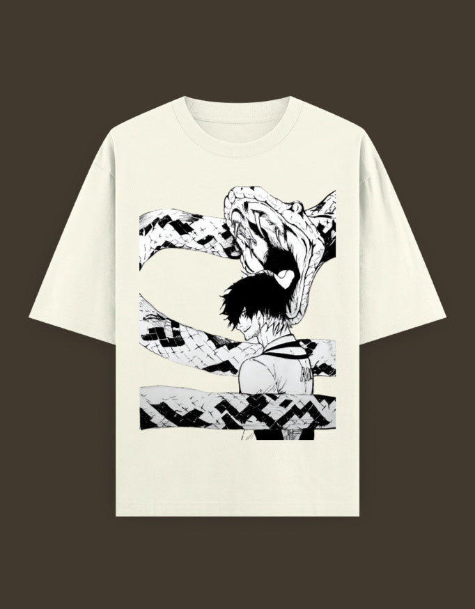 blue lock artist tee from AnimeVerseStore featuring black and white manga snake wrapping a brooding character on cream shirt