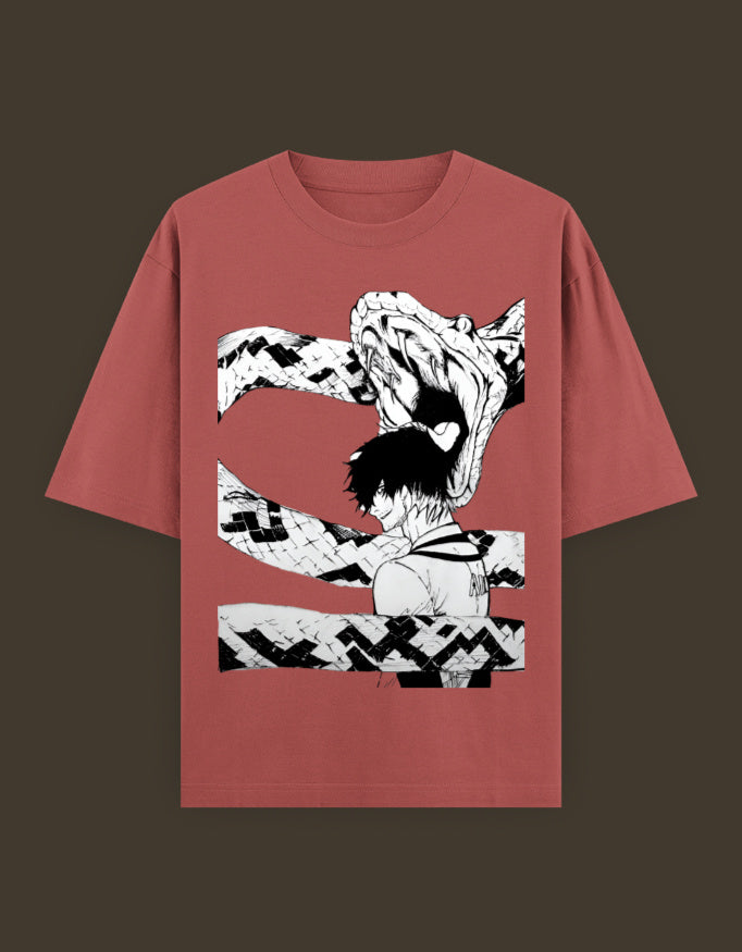 AnimeVerseStore blue lock artist tee dusty rose oversized shirt with black and white manga snake and player graphic