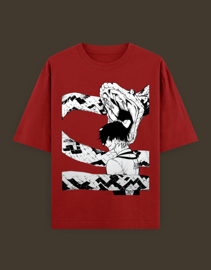 AnimeVerseStore blue lock artist tee red graphic shirt featuring protagonist with large snake illustration
