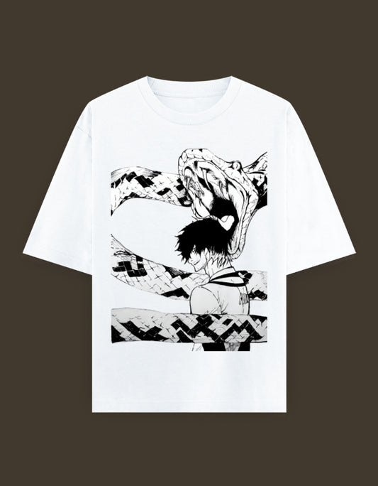 White blue lock artist tee with black manga style print of a player and coiling snake design