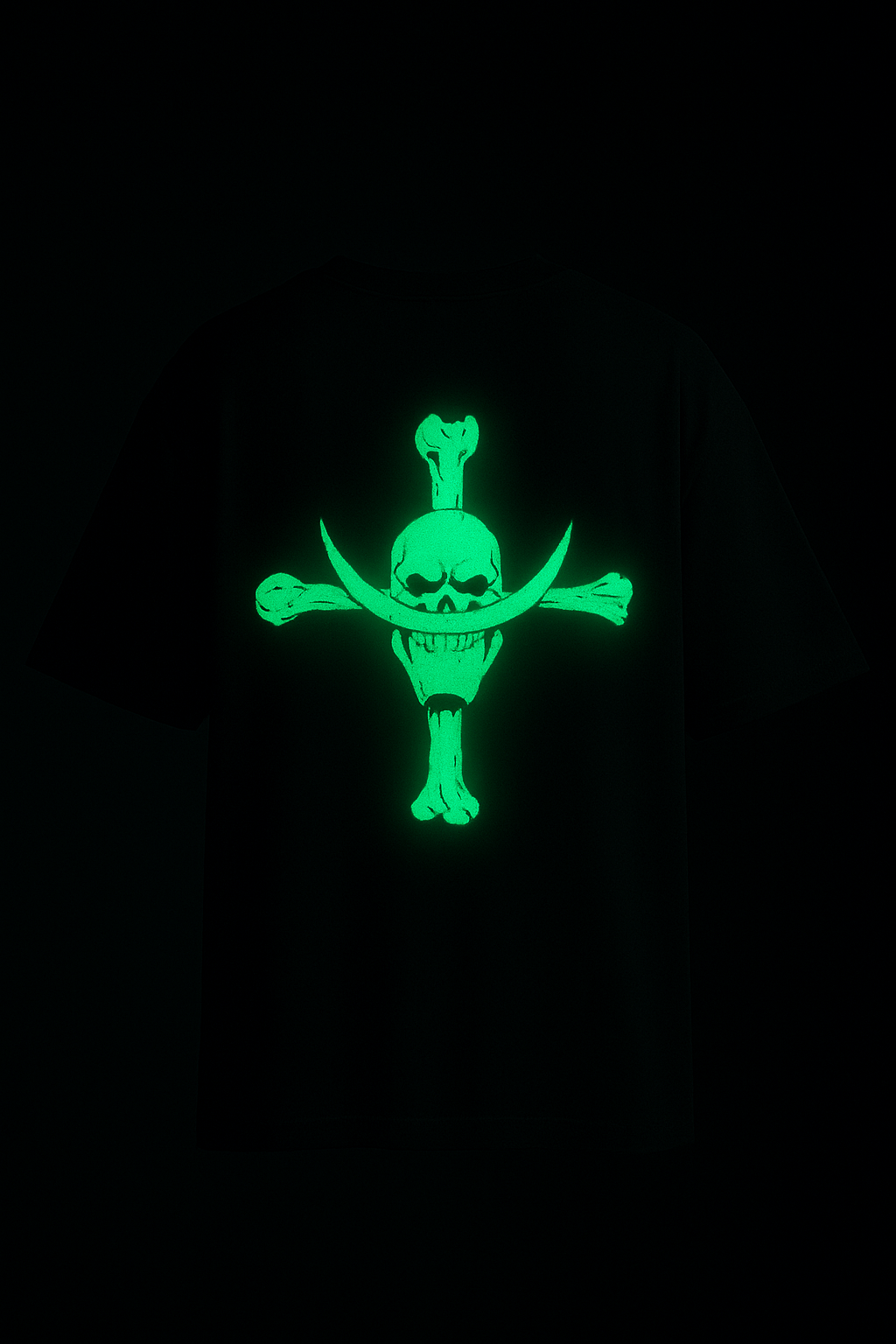 Whitebeard glow in dark anime tee showing bright green glowing skull and crossed bones on black shirt for nightwear